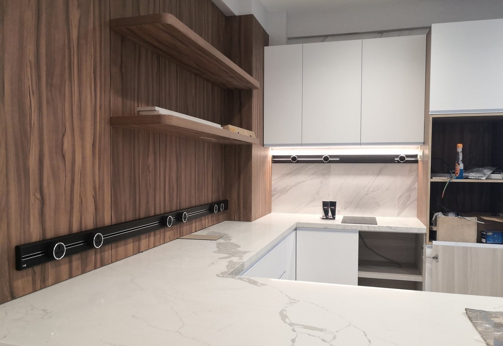 Line8 power track seamlessly integrated into a modern kitchen