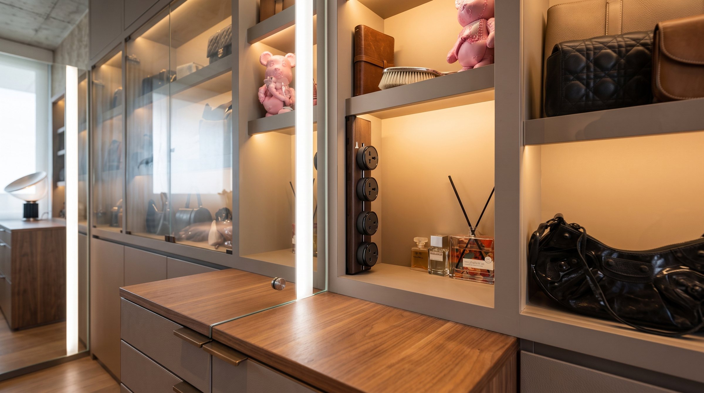 Four black Line8 adaptors on a vertical track inside a luxury walk-in closet display shelf, beside designer handbags