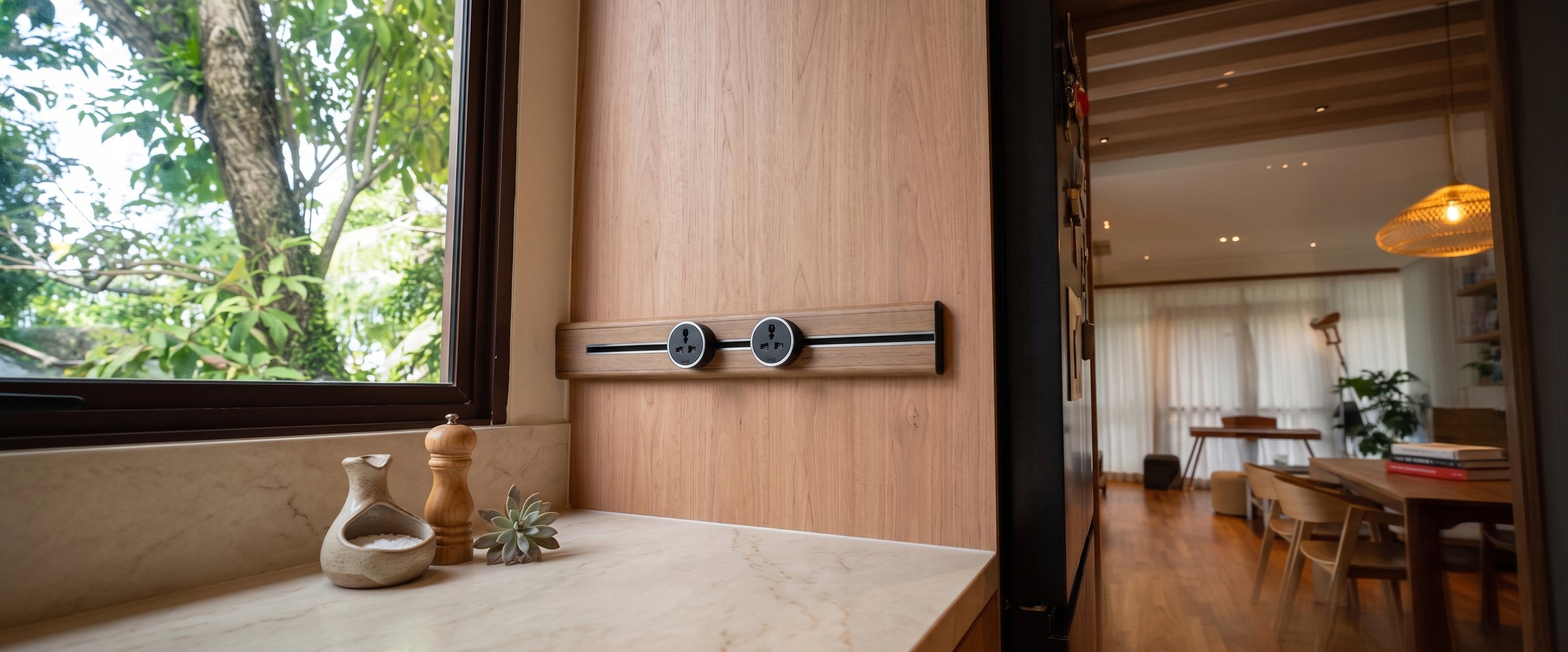 Two black Line8 MLT-1 adaptors on a wood-finish power track beside a kitchen window, with a dining room visible beyond