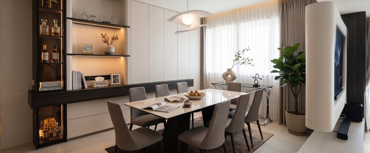 A styled dining and living room with a Line8-powered shelf display