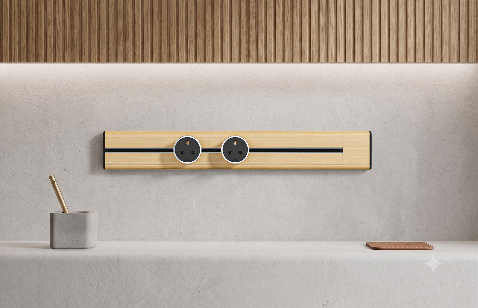 Premium Line8 Model SL electrical power track showcasing a natural American Spruce finish. Mounted against a light, textured wall beneath a warm, wood-slatted architectural panel, the high-end fitting features a contrasting black center channel and two circular black power adaptors. The track is positioned elegantly above a clean, minimalist countertop styled with a modern concrete pen holder and subtle desk accessories.