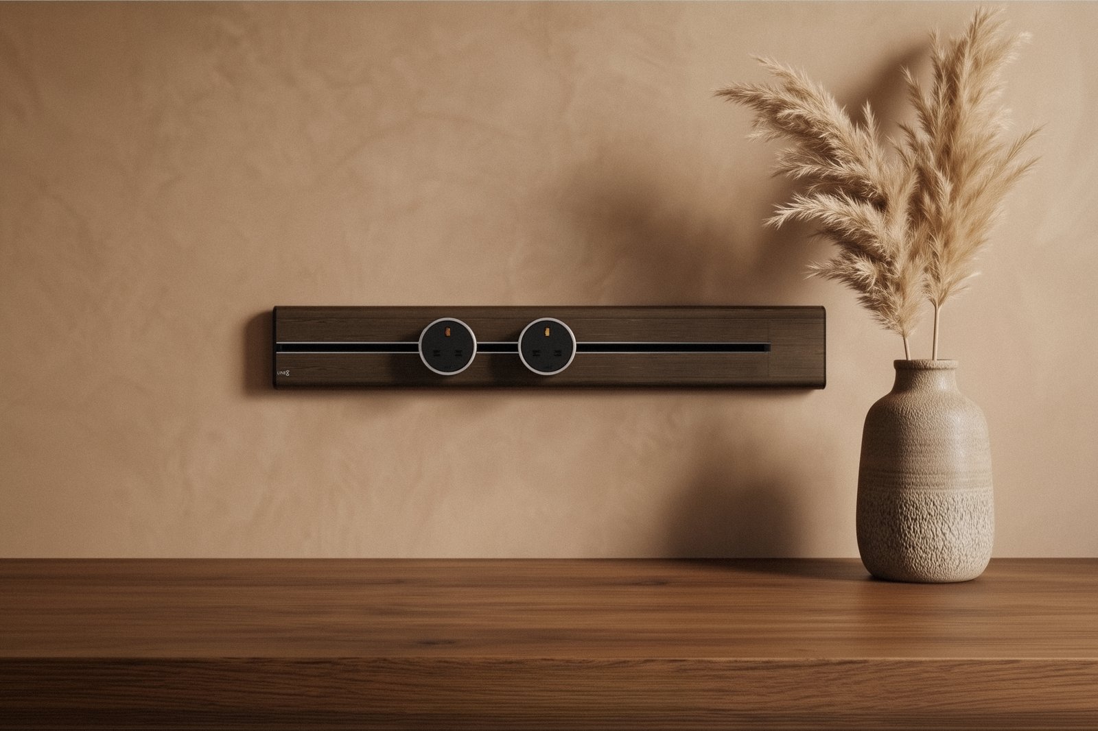 Premium Line8 Model SL electrical power track showcasing a rich Brazilian Rosewood finish. Mounted against a warm, textured earth-toned plaster wall, the high-end architectural fitting features a contrasting black center channel and two circular black power adaptors, positioned elegantly above a smooth natural wood surface and styled with a textured ceramic vase holding dried pampas grass.