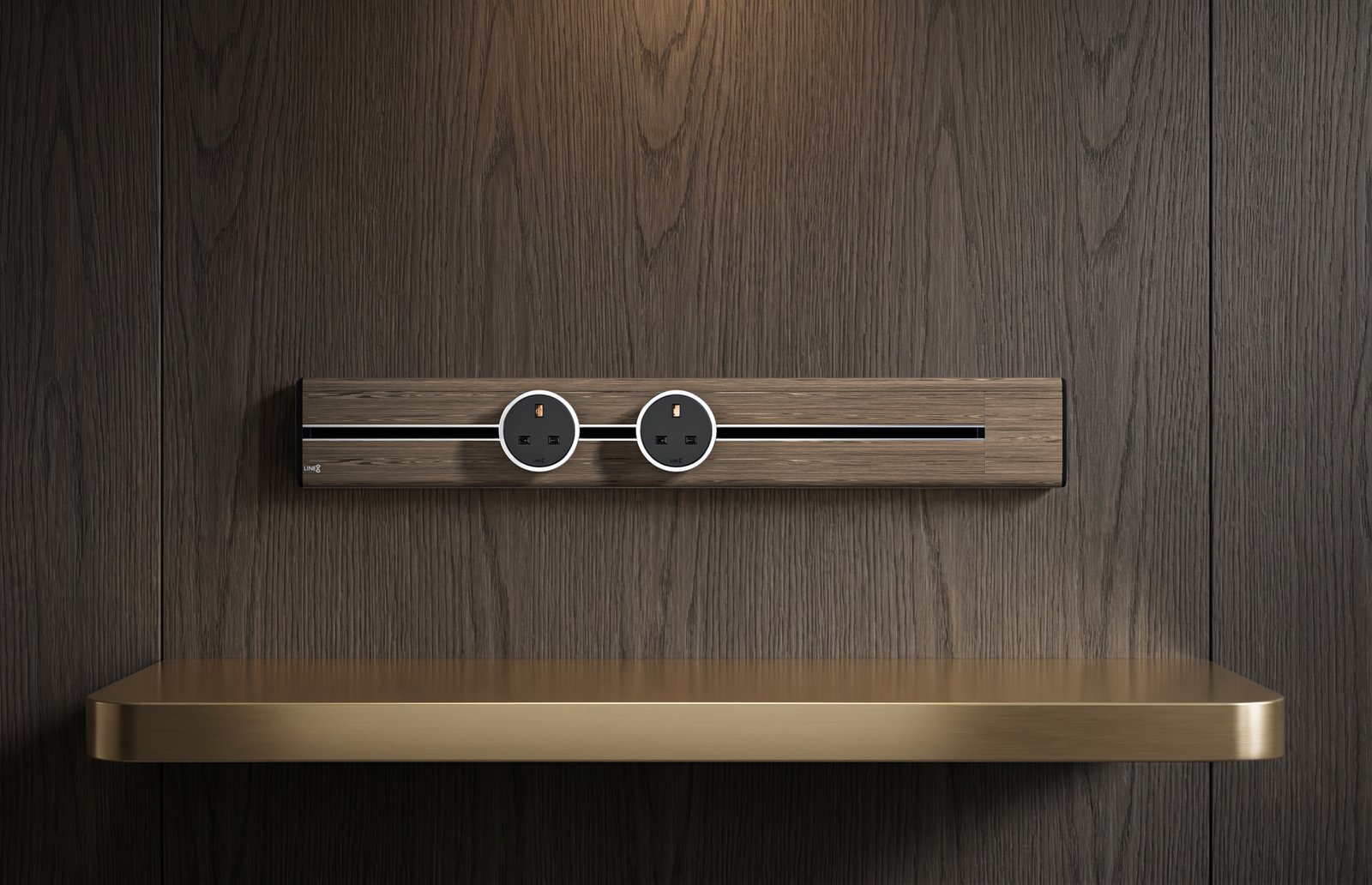 Premium Line8 Model SL electrical power track showcasing a rich Burmese Teak finish. Mounted against a sophisticated dark wood-grain wall panel, the high-end architectural fitting features a contrasting black center channel and two circular power adaptors. The track is elegantly positioned above a luxurious brushed brass shelf, illuminated by warm, directional lighting that enhances the natural, premium wood textures.