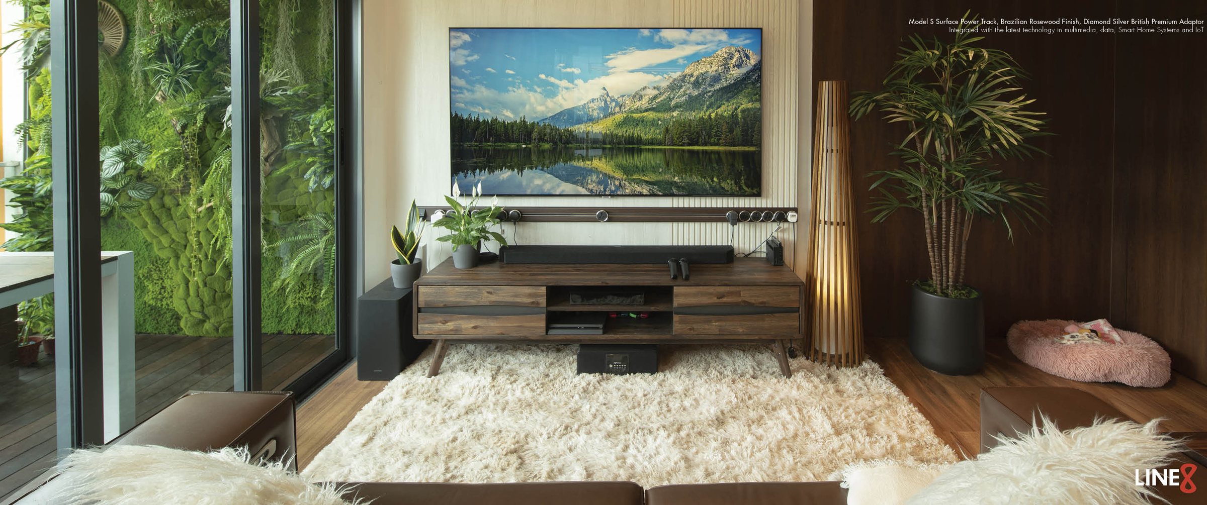 Line8 power track, Brazilian Rosewood finish, integrated into a living room media console