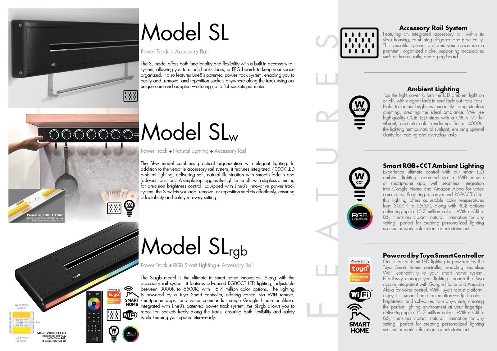 Line8 Model SL track in Black Hairline above a countertop with various adaptors
