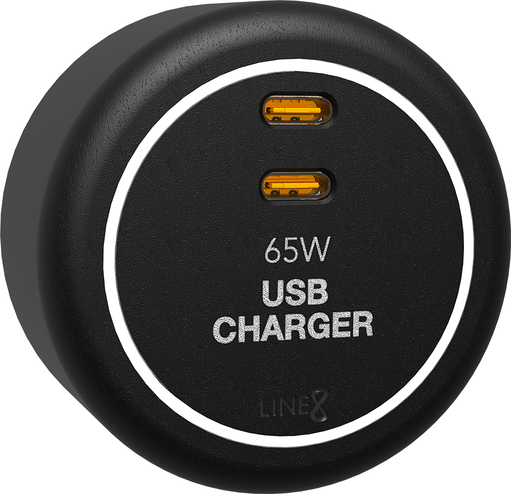Line8 USB charger adaptor in Black Hairline mounted on a wall