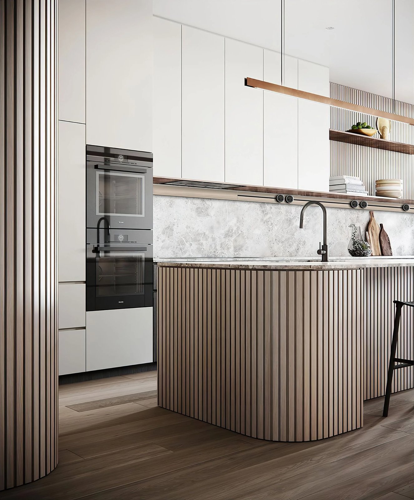 Line8 Model SL track in American Spruce above a kitchen island