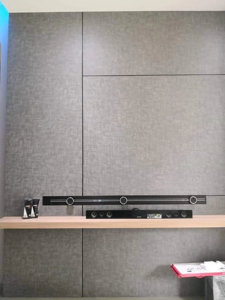 Line8 Model SL track in Black Hairline above a media console