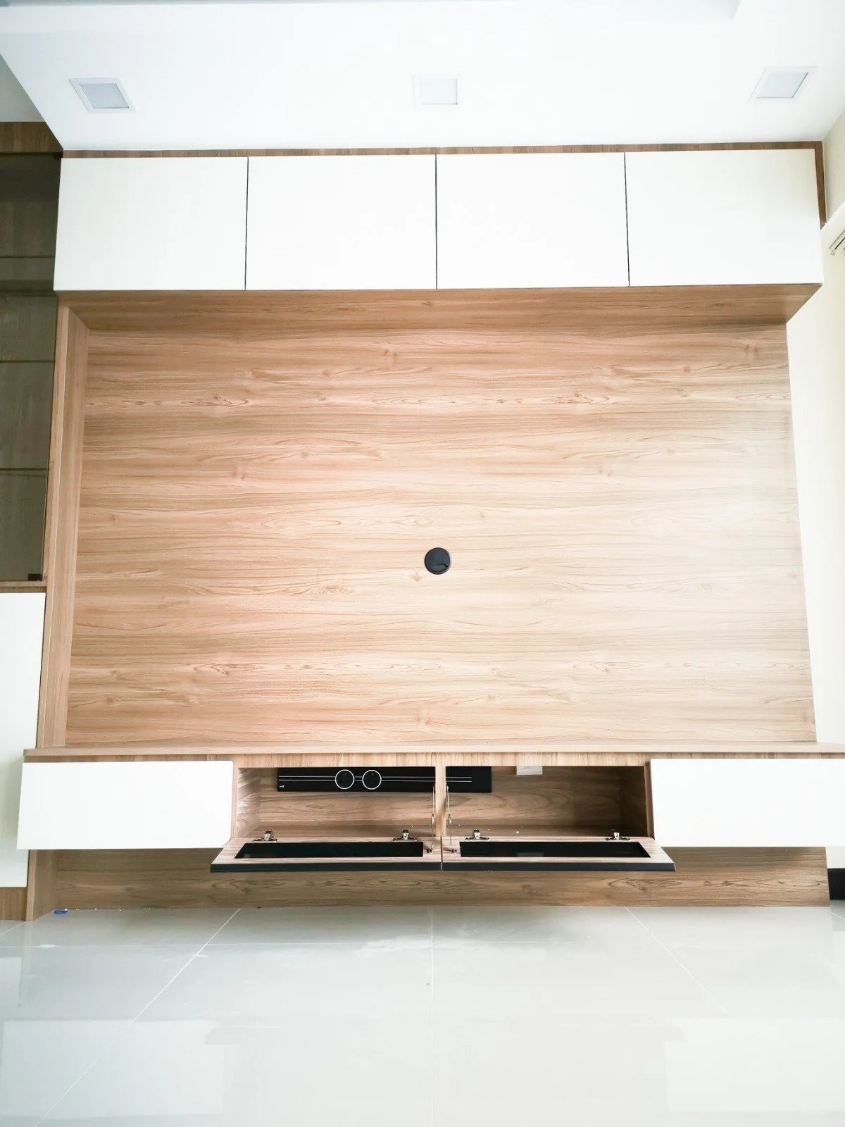 Line8 Model SL track in Black Hairline above a wooden media console