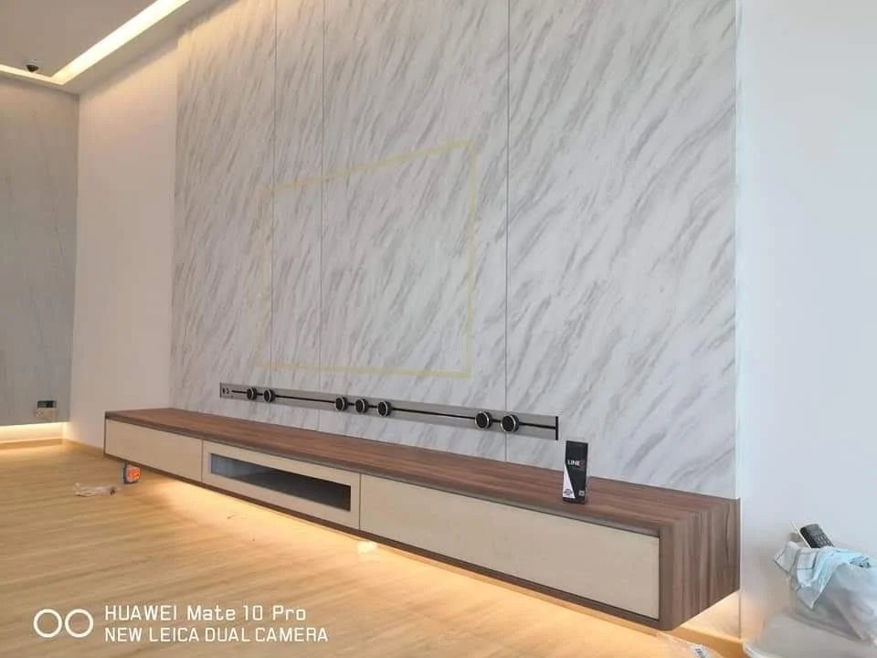 Line8 Model SL track in Black Hairline above a wooden media console