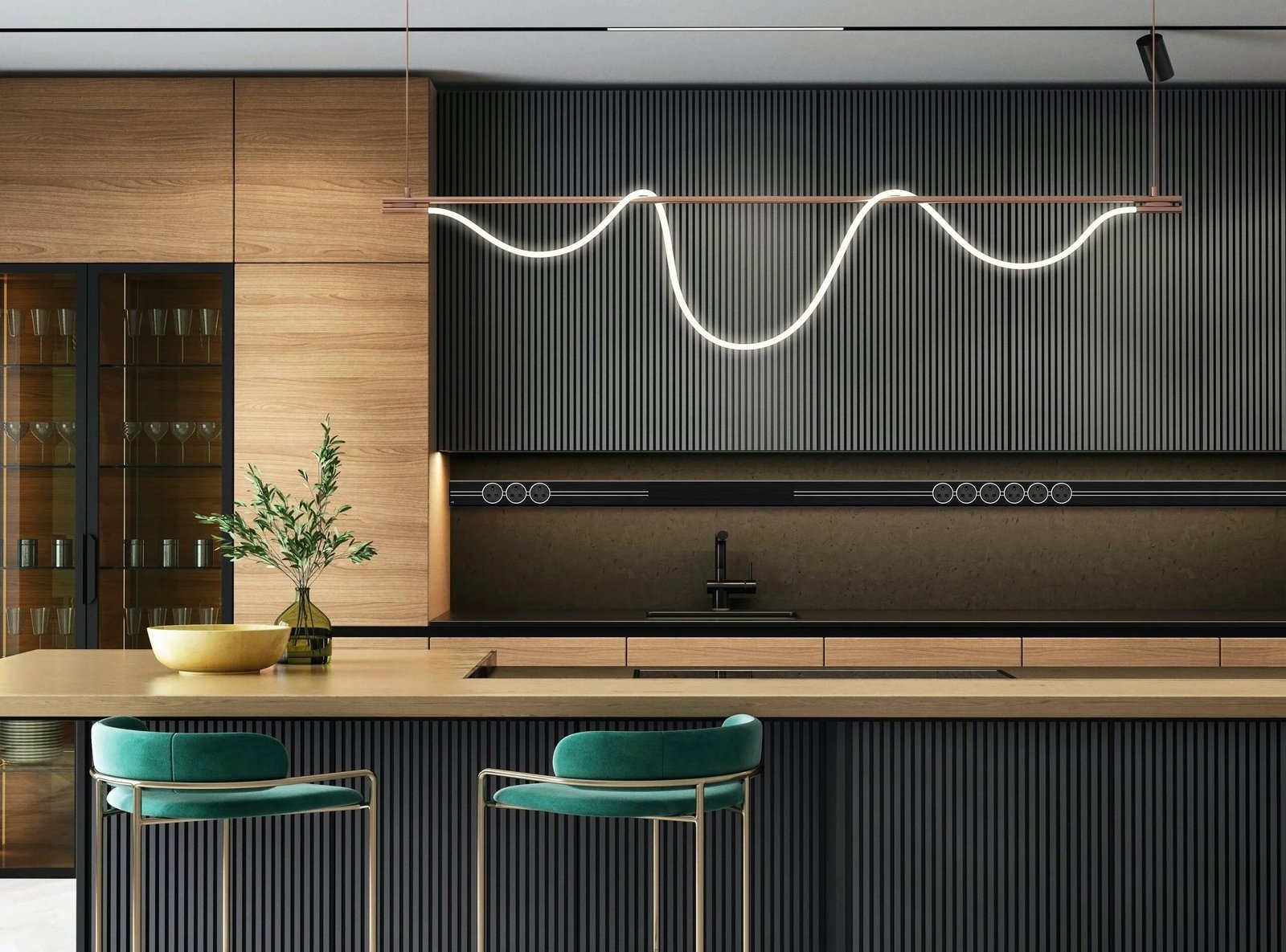 Line8 Model SL track in Black Hairline above a kitchen island