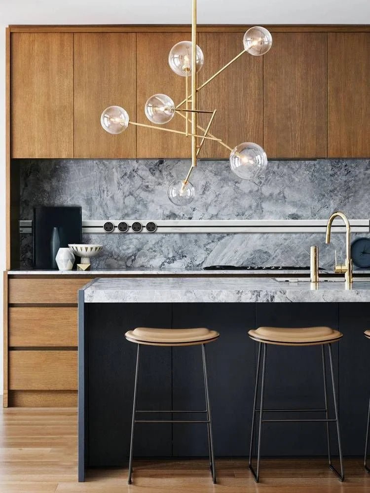 Line8 Model SL track in Black Hairline above a kitchen island with bar stools