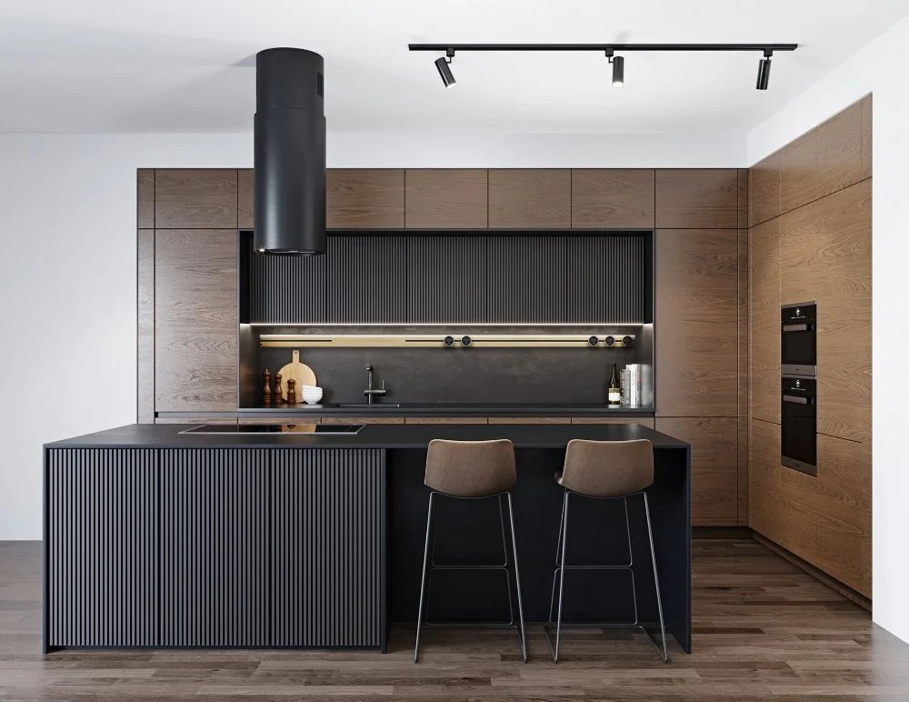 Line8 Model SL track in Black Hairline above a kitchen island