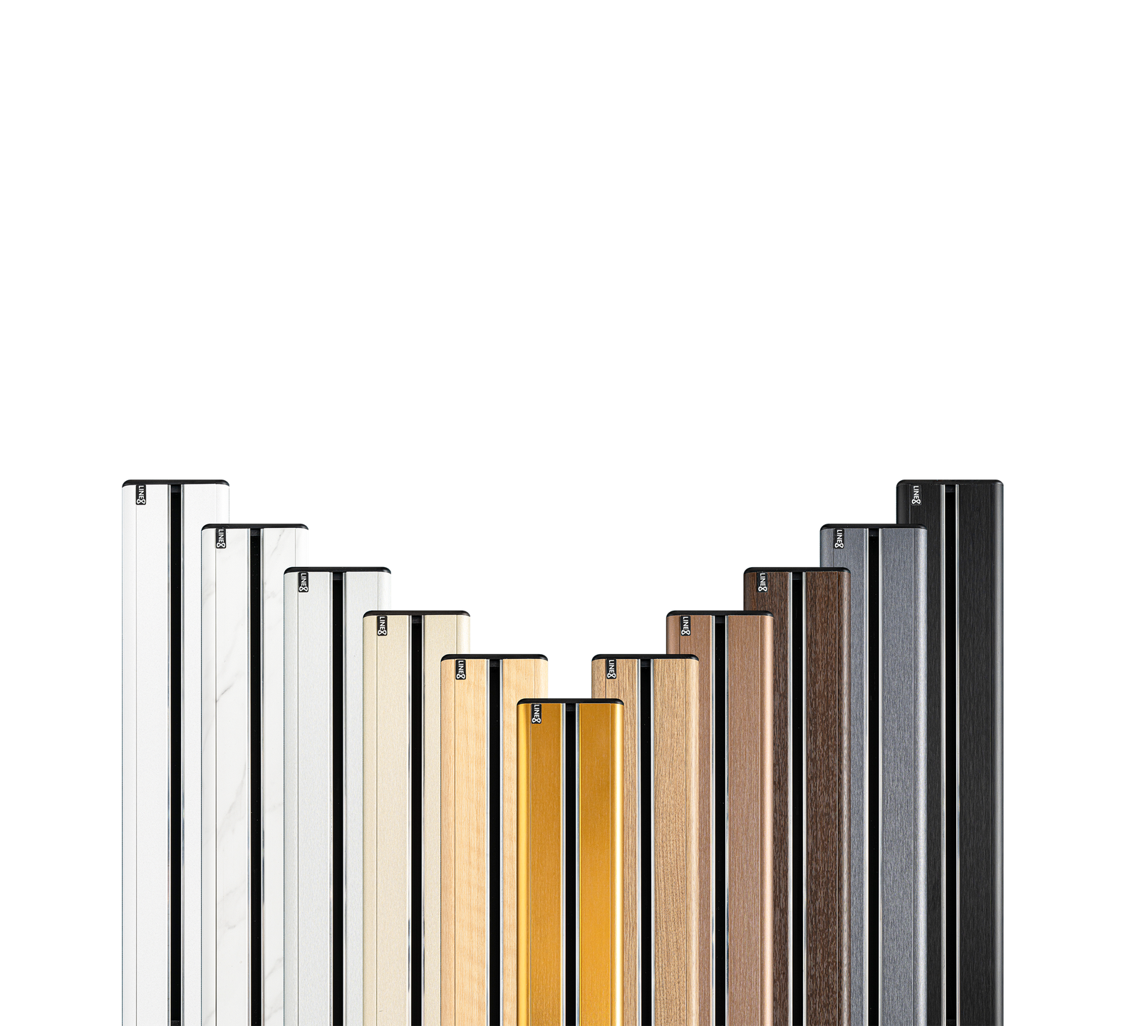 Line8 Model SL track in Black Hairline displayed among various finishes