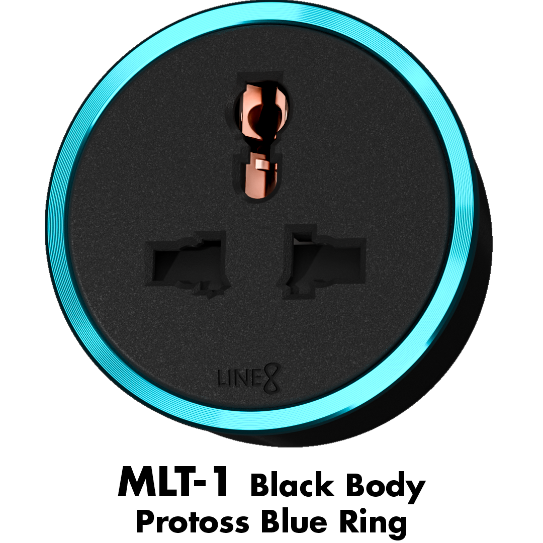 Line8 adaptor with a black finish and blue LED ring, designed for modular power tracks