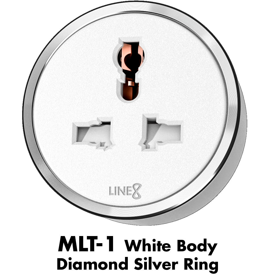 Line8 adaptor in Pearl White mounted on a wall, providing power access