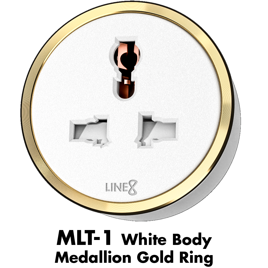 Line8 MLT-1 adaptor in Champagne Gold mounted on a wall socket