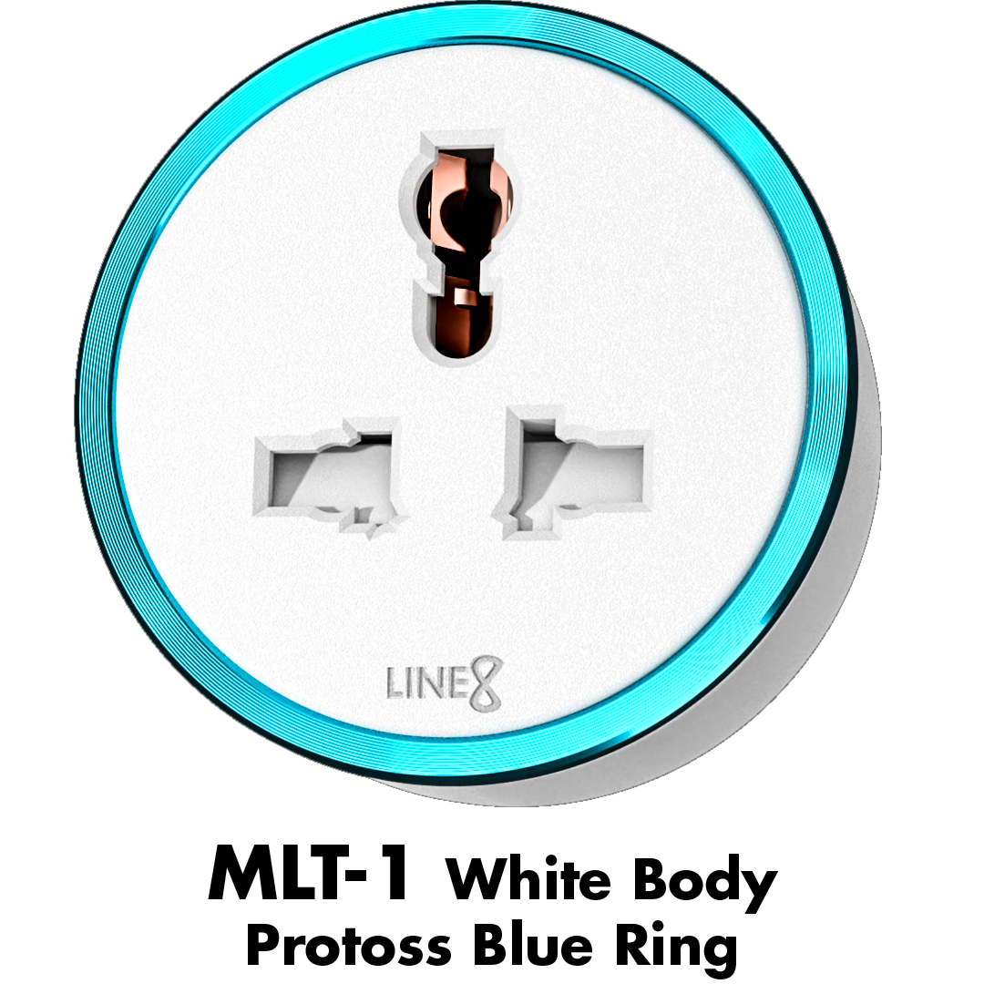 Line8 adaptor with a white finish and turquoise border mounted on a wall