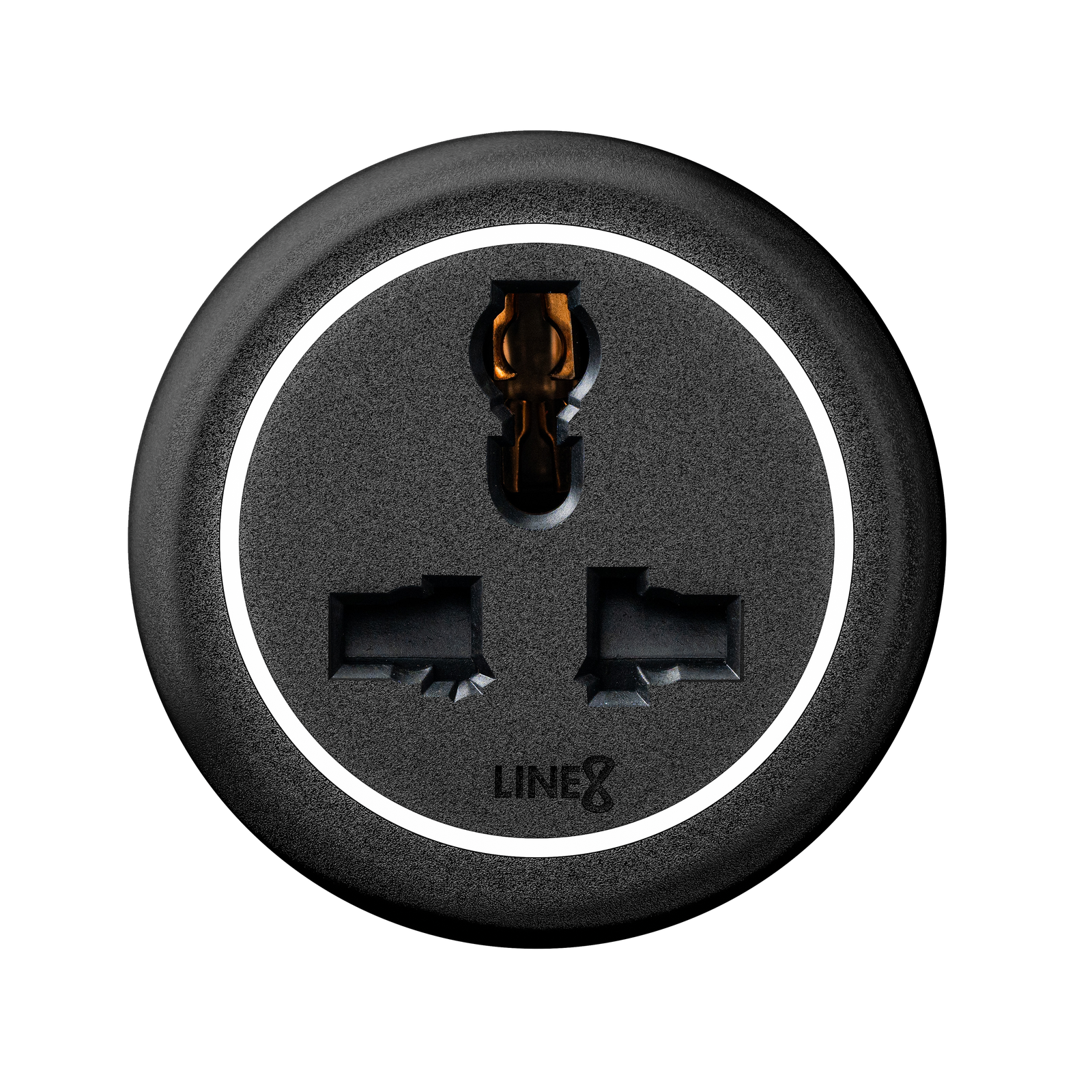 Line8 UKS-1 adaptor in Black Hairline on a wall outlet