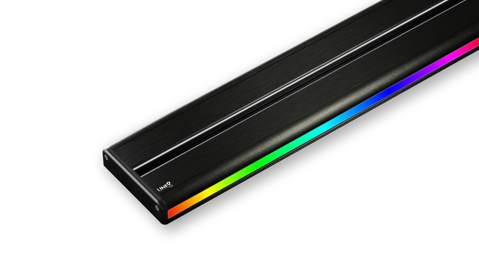 Line8 Model SL track in Black Hairline with colorful lighting accents on a dark background