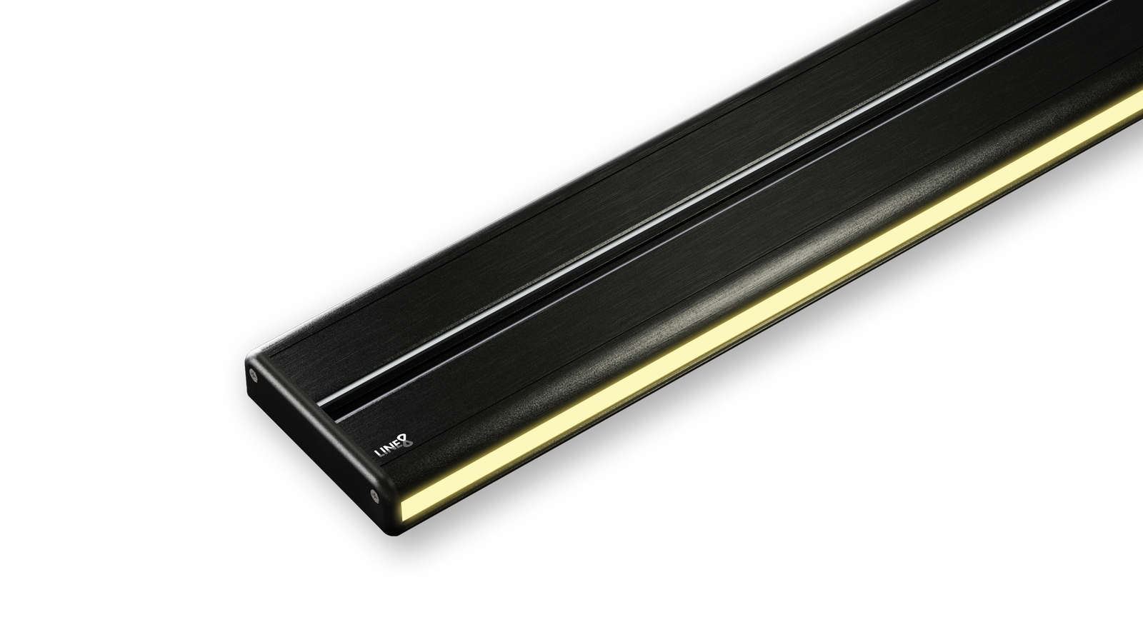 Line8 Model SL track in Black Hairline with integrated lighting on a dark surface