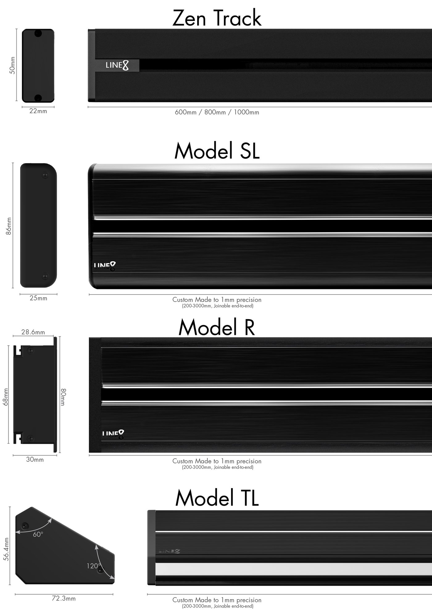 Line8 profile dimension diagrams for Zen Track (50×22mm), Model SL (86×25mm), Model R (80×30mm, 68×28.6mm recess), and Model TL (72.3×56.4mm, 60°/120°)