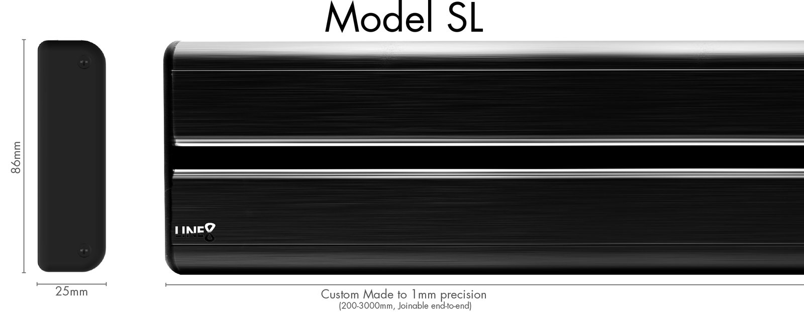 Line8 Model SL profile diagram — 86 x 25mm cross-section, custom made to 1mm precision, 200-3000mm, joinable end-to-end