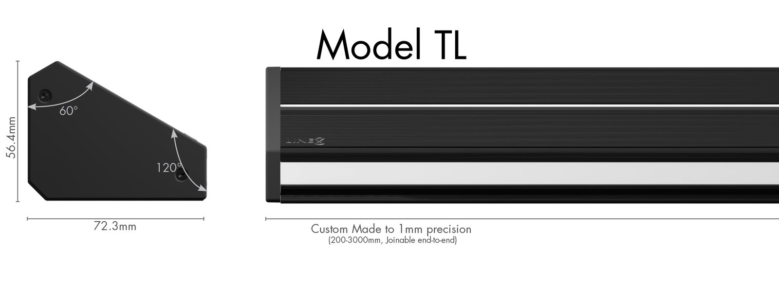 Line8 Model TL profile diagram — 72.3 x 56.4mm triangular cross-section, 60/120 degree angles, custom made to 1mm precision, 200-3000mm, joinable end-to-end