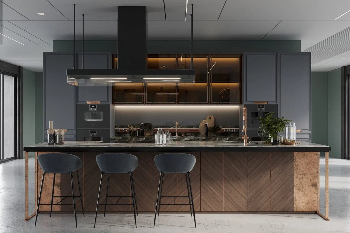 Line8 Model SL track in Black Hairline above a kitchen island