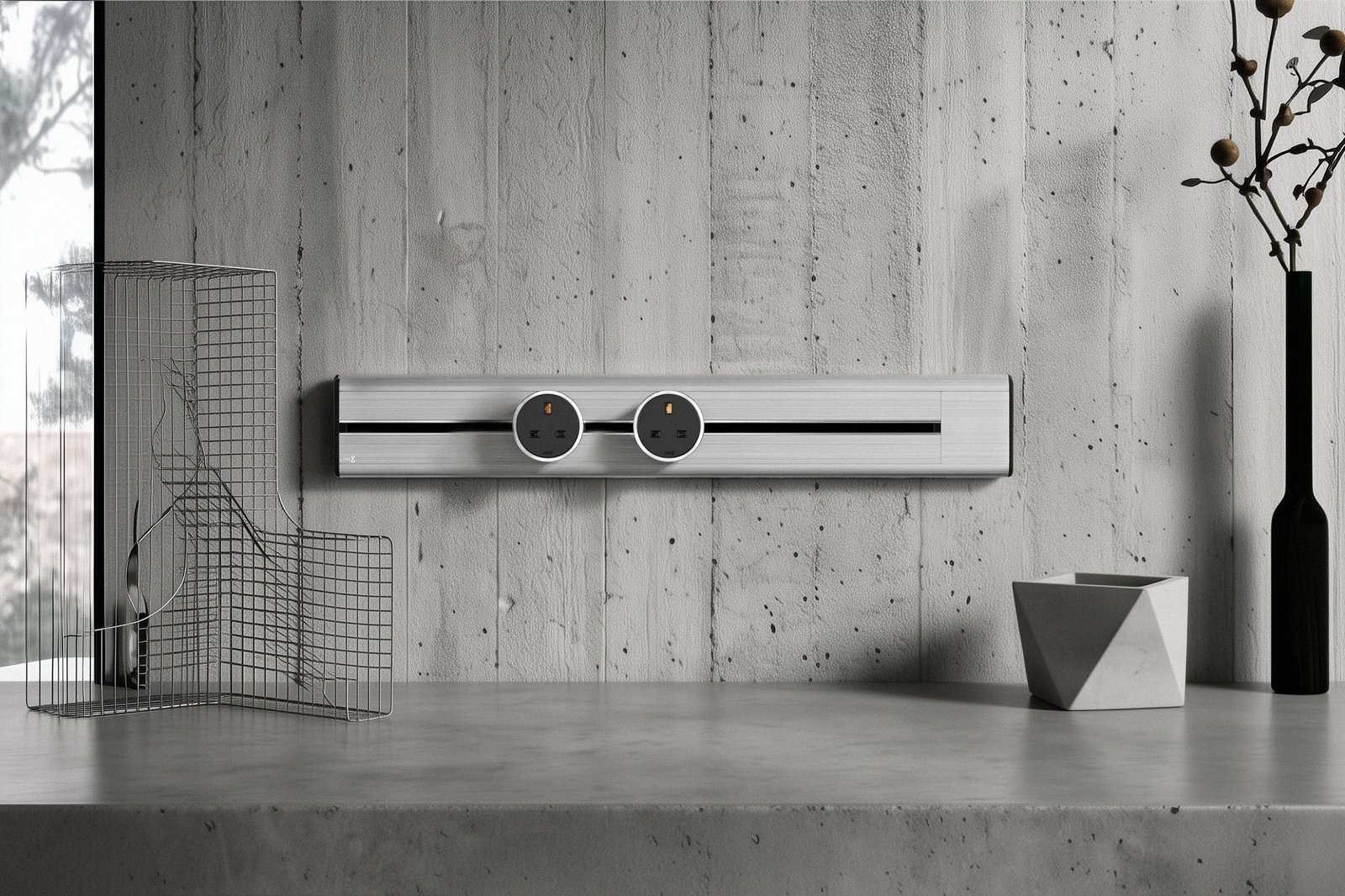 A detailed, architecturally-inspired close-up of the Line8 Model SL power track, finished in premium Silver Hairline brushed aluminum. The track is mounted horizontally on a textured industrial-chic concrete wall with formwork lines. The track body features two circular black power socket modules with central brass and copper contacts, set within a black channel. The scene is curated on a matching concrete countertop with sophisticated, minimalist objects: a complex geometric wire-mesh sculpture to the left, and to the right, a black vase with a dried branch next to a geometric-faceted pot. Natural light streams from a window on the far left, creating a high-end, bespoke interior aesthetic.