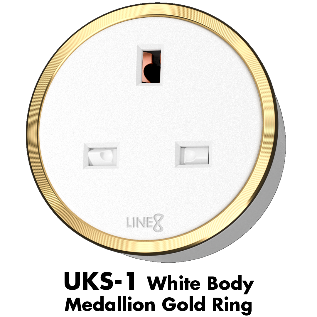 Line8 MLT-1 adaptor in Champagne Gold mounted on a wall with three power outlets