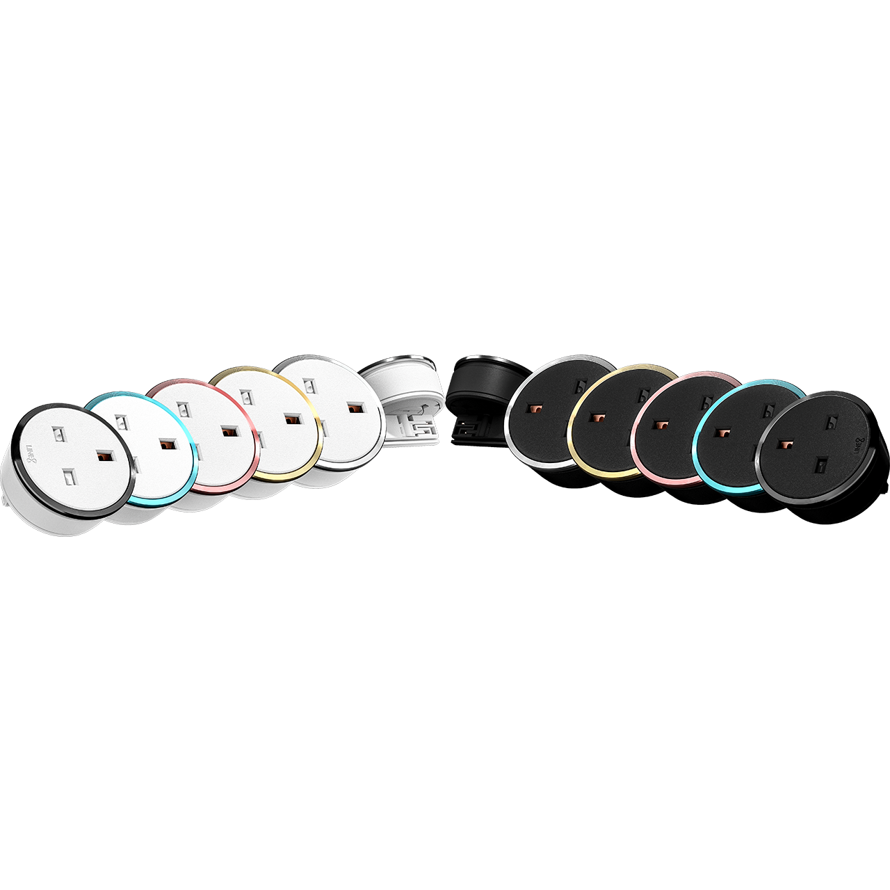 Line8 adaptors in various finishes including Black Hairline and Pearl White on display
