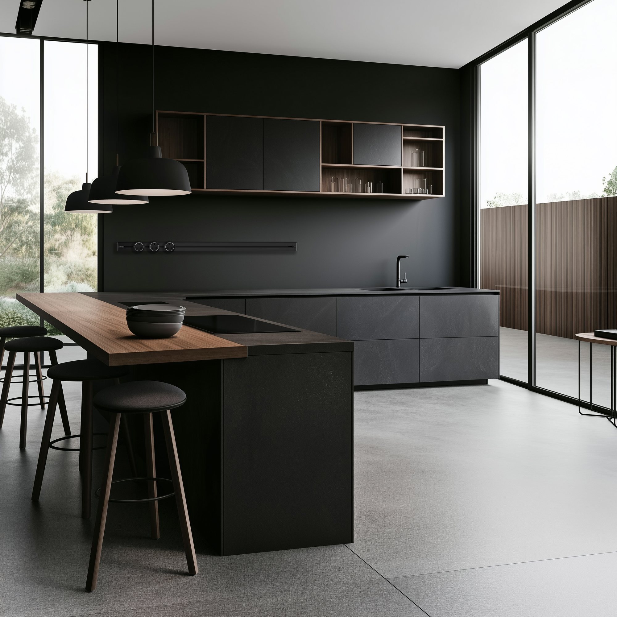 Line8 Zen Track installed under kitchen cabinetry in a dark, minimalist kitchen.